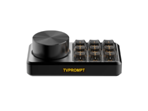 TVPROMPT SHUTTLE PRO teleprompter remote control with Shuttle wheel, 10 programmable keys, and anodized aluminum chassis.