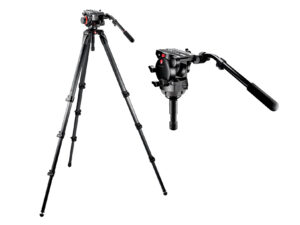 Kit de vídeo profesional Manfrotto 536 con patas de fibra de carbono de 4 secciones, rótula fluida 526 de 100 mm y bolsa de transporte incluida.